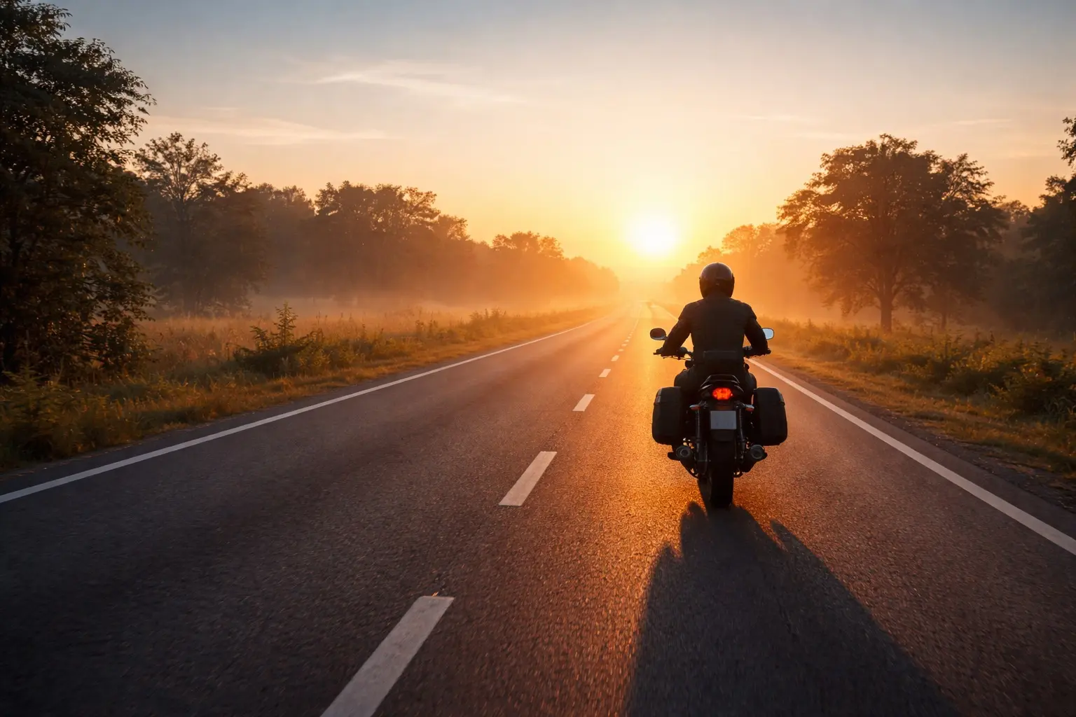 Motorcyclist riding on an empty road during early morning light