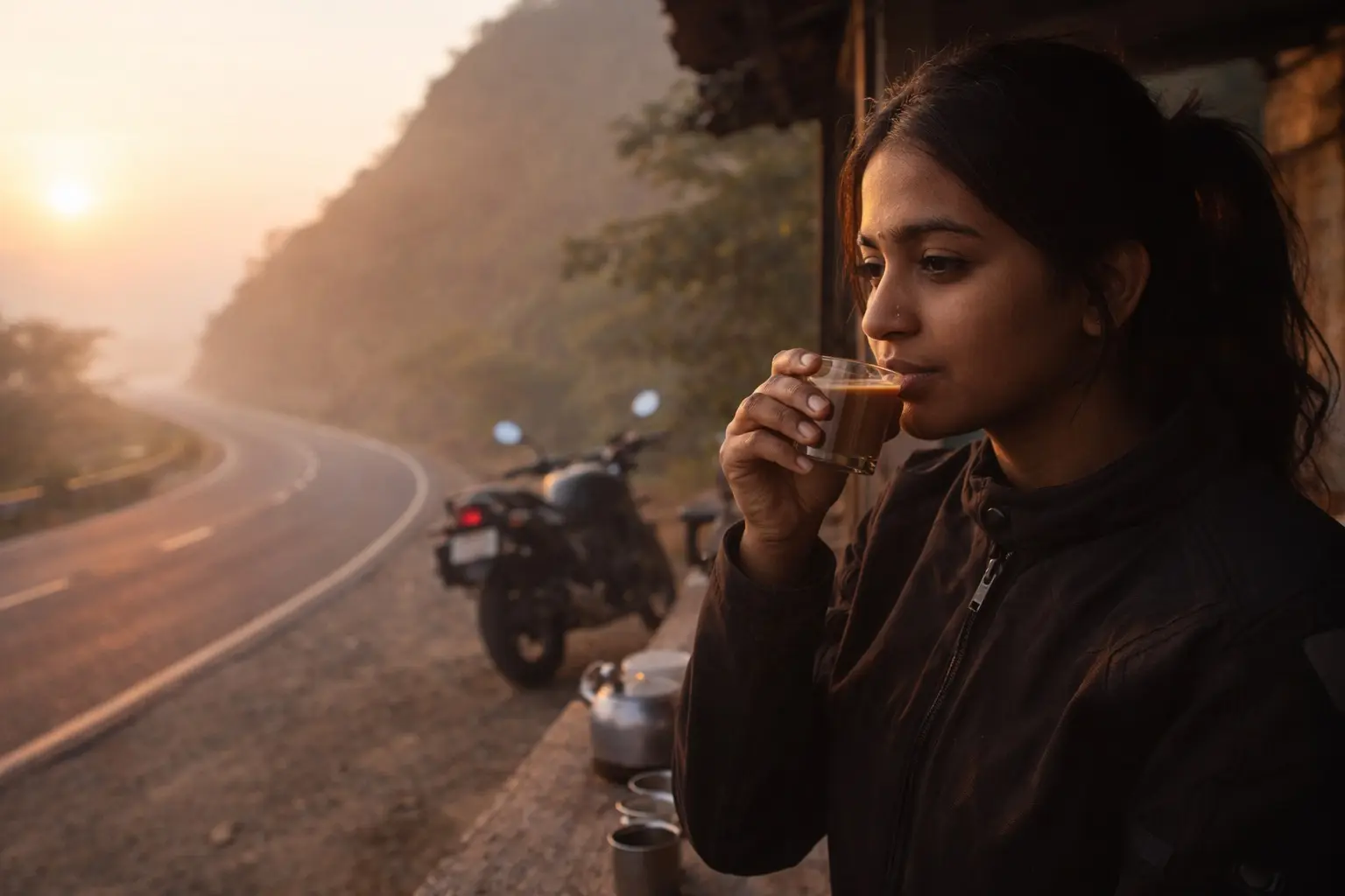 Motorcyclist riding on a quiet road during sunrise with soft golden light