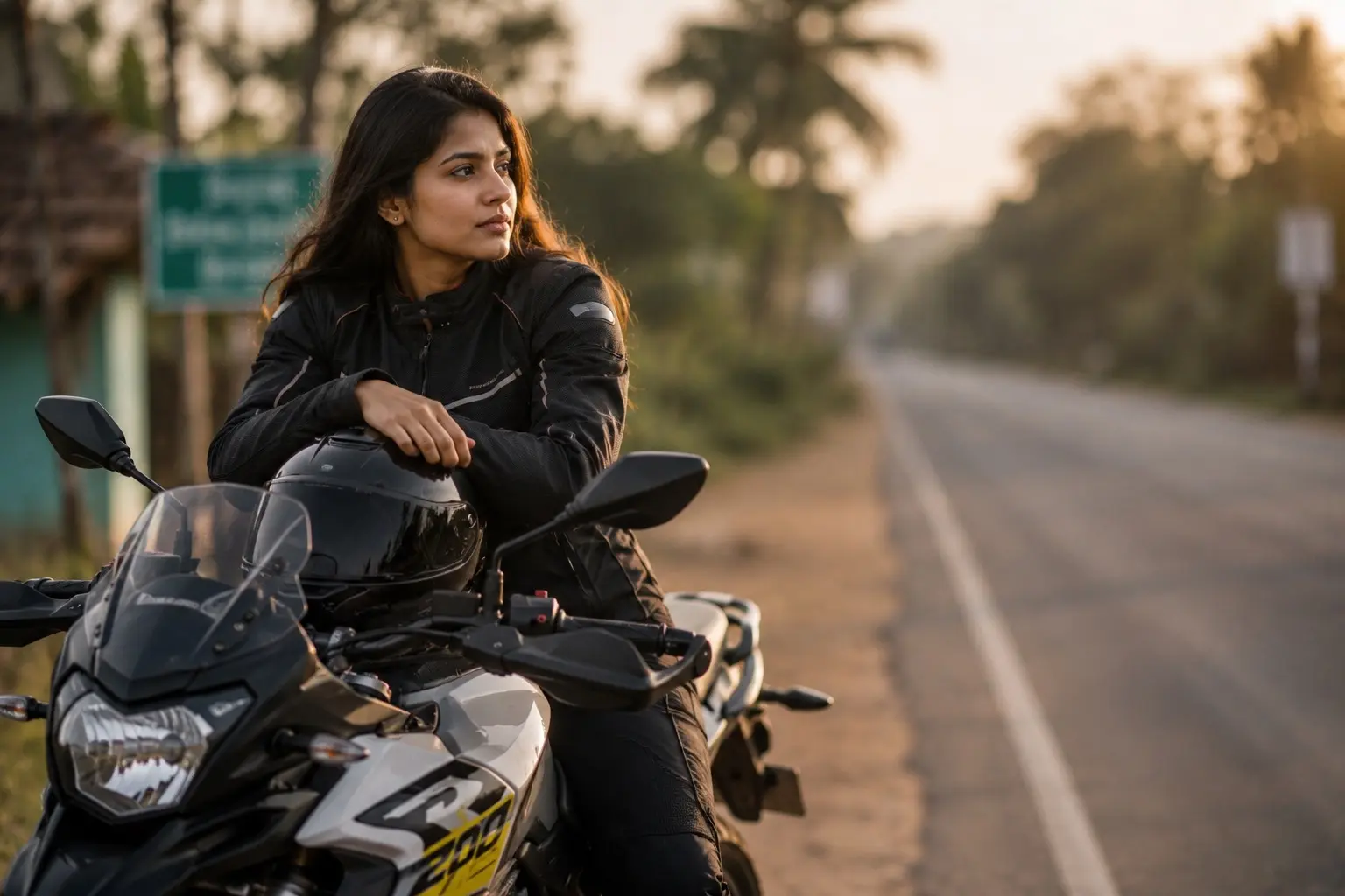 Motorcyclist riding alone on an open highway with wide empty space