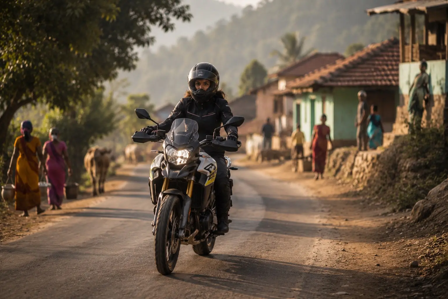 Motorcyclist riding alone on an open road with a calm atmosphere